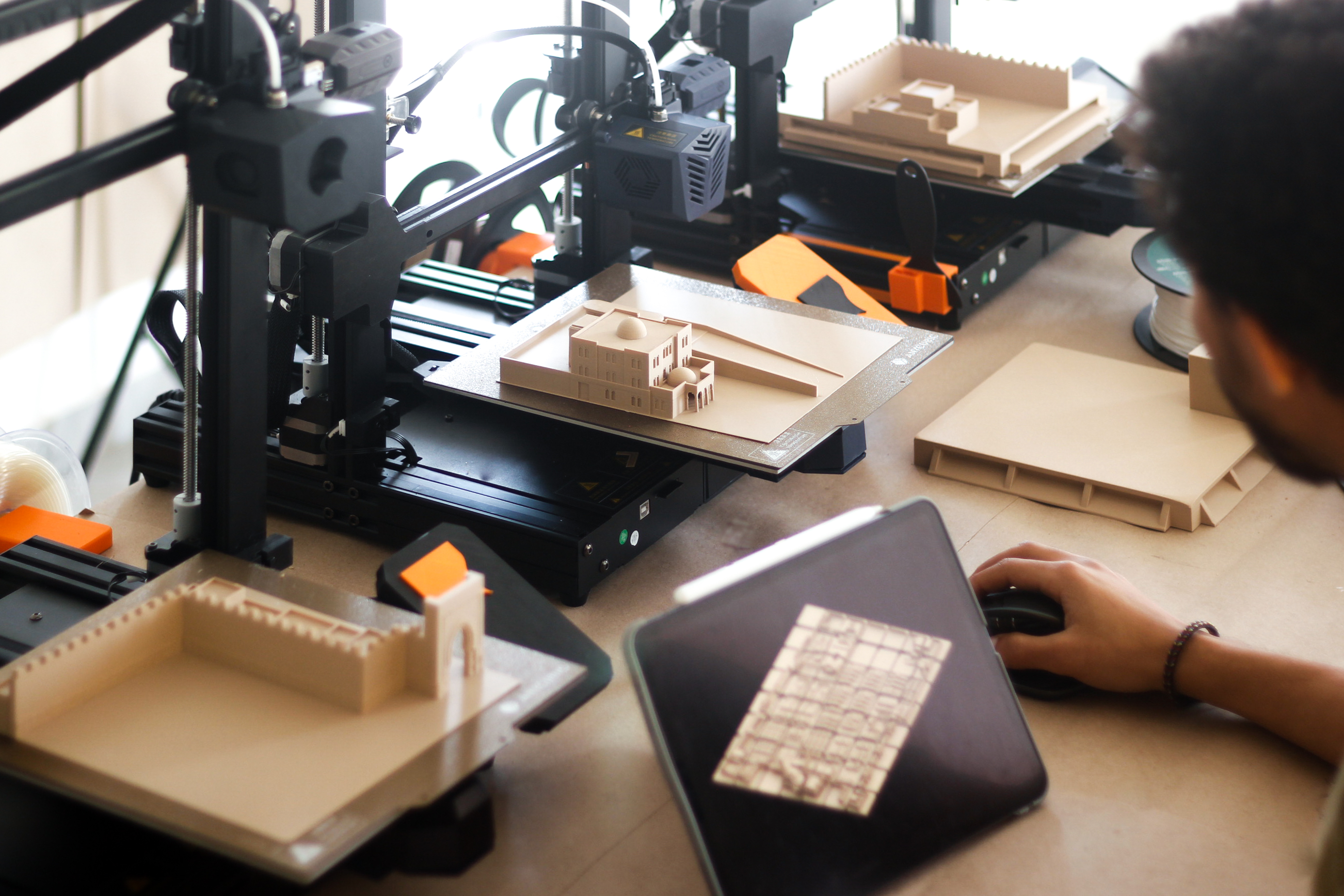 Modules being fabricated on the studio's 3D printers