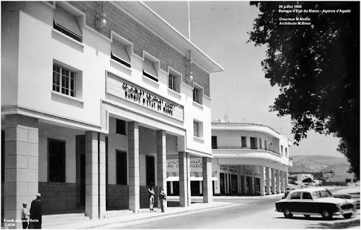 Archival photograph of the original Banque d'État du Maroc, Agadir, 1968