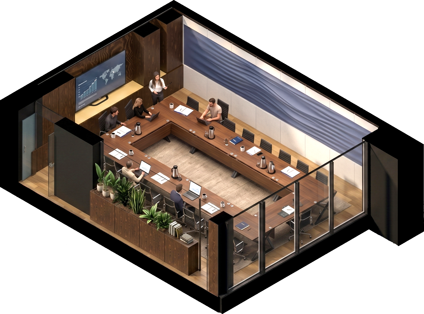 Isometric study of the boardroom and Wave Wall